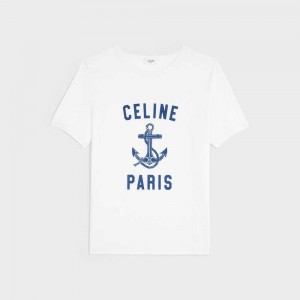 Celine 70 S Anchor In Katoenen Jersey T-shirt Wit Donkerblauw | CL-592778