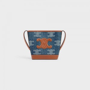 Celine Bucket Cuir Triomphe In Denim With Triomphe All-over Embroidery And Calfskin Mini Tassen Donkerblauw Bruin | CL-593041