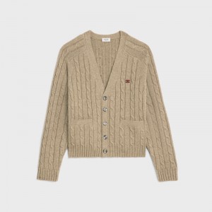Celine Cable-knit Triomphe Cardigan In Cashmere Gebreide Kleding Lichtgrijs Bruin | CL-592084