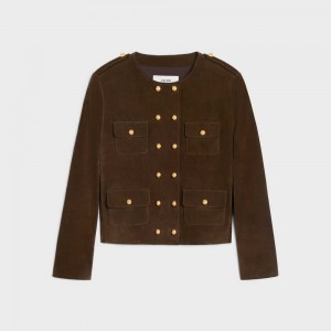 Celine Cardigan In Split Calfskin Leather Koffie | CL-592614