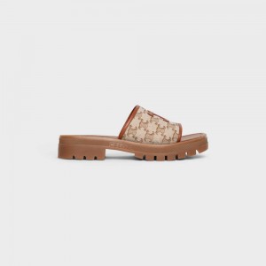 Celine Clea Triomphe Badslippers In Triomphe Stamped Canvas & Calfskin Sandalen Bruin Beige | CL-592569