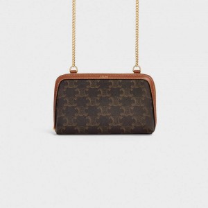 Celine Clutch With Chain In Triomphe Canvas And Lambskin Mini Tassen Bruin | CL-593031