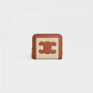 Celine Compact Zipped Cuir Triomphe In Textiel And Calfskin Portefeuille Beige Bruin | CL-592997