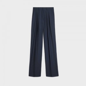 Celine Double-pleated Tixie In Gestreept Wol Broek Donkerblauw | CL-592735