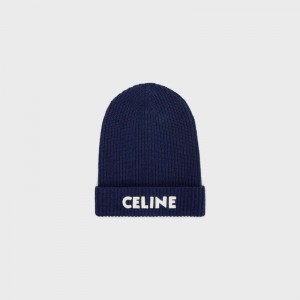 Celine Embroidered Beanie In Geribbeld Felted Wol Hoed Donkerblauw | CL-591715