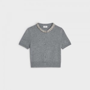 Celine Embroidered Cropped Cardigan In Cashmere Gebreide Kleding Grijs | CL-592693