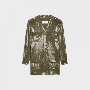 Celine Embroidered Saharienne Mini In Lichtgewicht Twill Jurk Khaki | CL-592844