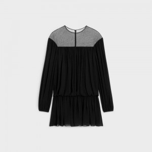Celine Gathered Mini In Silk Georgette Jurk Zwart | CL-592841