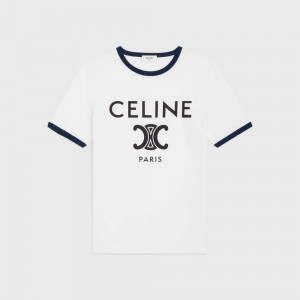 Celine In Katoenen Jersey T-shirt Wit Donkerblauw Zwart | CL-592783