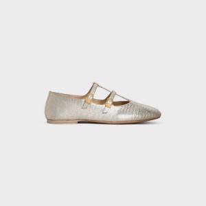 Celine Les Ballerines Double Riemen Mary Jane Ballerina In Lizard Stamped Metalized Calfskin Loafers Zilver | CL-592534