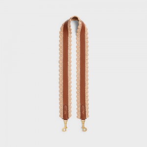 Celine Long Riemen In Raffia And Calfskin Kleine Lederwaren Beige Bruin | CL-592906