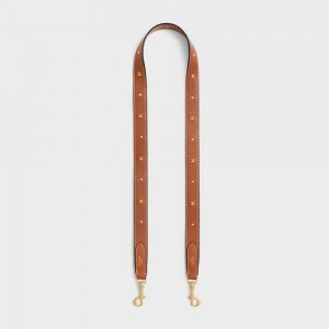 Celine Long Riemen In Smooth Calfskin With Triomphe Studs With Gold Finishing Kleine Lederwaren Bruin | CL-592904