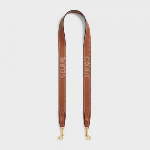 Celine Long Riemen In Smooth Calfskin With Embroidery With Gold Finishing Kleine Lederwaren Bruin | CL-592903