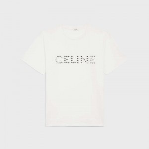 Celine Loose In Katoenen Jersey With Studs T-shirt Wit Zilver | CL-592140
