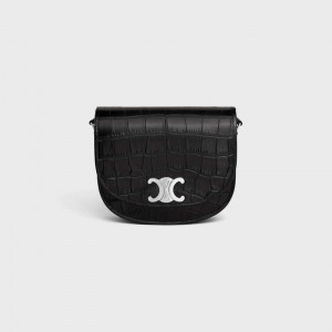Celine Medium Besace Triomphe In Crocodile Embossed Calfskin Schoudertassen Zwart | CL-591847