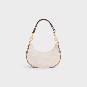 Celine Mediumstrap Bag In Textiel With Triomphe Crochet Embroidery Ava Beige Bruin | CL-593101