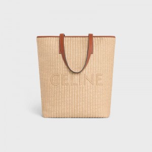Celine Museum Bag In Raffia Effect Textiel With Celine Embroidery Cabas Beige Bruin | CL-591835