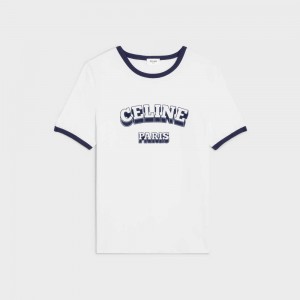 Celine Paris 70 S In Katoenen Jersey T-shirt Wit Donkerblauw | CL-592779