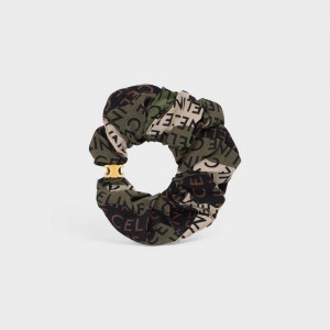 Celine Scrunchy Camouflage In Brass With Gold Finish And Khaki Silk Haaraccessoires Goud Khaki | CL-592326