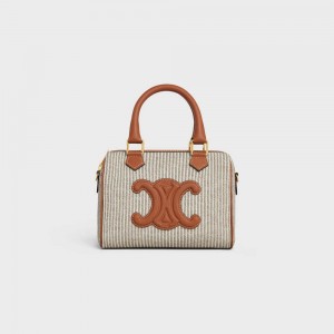 Celine Small Boston In Gestreept Textiel And Calfskin Cuir Triomphe Beige | CL-593151