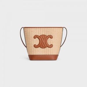 Celine Small Bucket In Raffia Effect Textiel And Calfskin Cuir Triomphe Beige Bruin | CL-593165