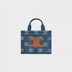 Celine Small Thais In Denim With Triomphe All-over Embroidery And Calfskin Cabas Donkerblauw Bruin | CL-593078