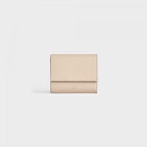 Celine Small Trifold In Grained Calfskin Portefeuille Beige | CL-593006
