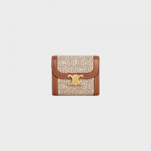 Celine Small Triomphe In Textiel All Over Print Portefeuille Beige Bruin | CL-592975