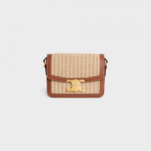Celine Teen Bag In Raffia Effect Textiel And Calfskin Triomphe Beige Bruin | CL-593195