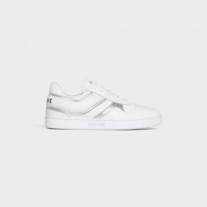 Celine Trainer Low Kanten-up In Calfskin & Laminated Calfskin Sneakers Wit Zilver | CL-592550