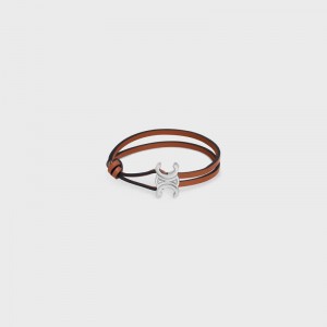 Celine Triomphe Clasp In Calfskin And Brass With Rhodium Finish Armbanden Bruin Zilver | CL-591653