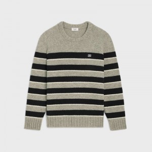 Celine Triomphe Crew Neck In Gestreept Wol Gebreide Kleding Lichtgrijs Zwart | CL-592100