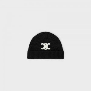 Celine Triomphe Embroidered Beanie In Seamless Cashmere Hoed Zwart | CL-592368