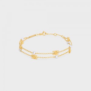 Celine Triomphe Pearl Double In Brass With Gold Finish And Resin Pearls Armbanden Goud Wit | CL-592236