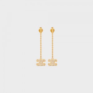 Celine Triomphe Rhinestone Long In Brass With Gold Finish And Crystals Oorbellen Goud | CL-592302