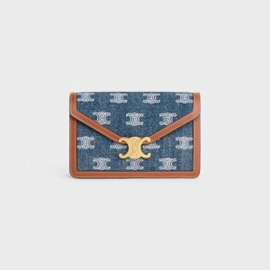 Celine Wallet On Chain Triomphe In Denim With Triomphe All-over Embroidery And Calfskin Mini Tassen Donkerblauw Bruin | CL-593027