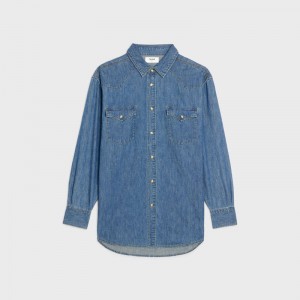 Celine Western In Union Ocean Wash Denim Overhemd Lichtturkoois | CL-592153